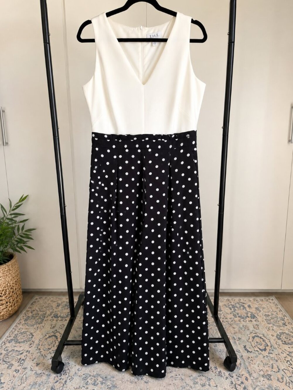 Elle Black White Polka Dot Sleeveless Jumpsuit Size Large Wide Leg